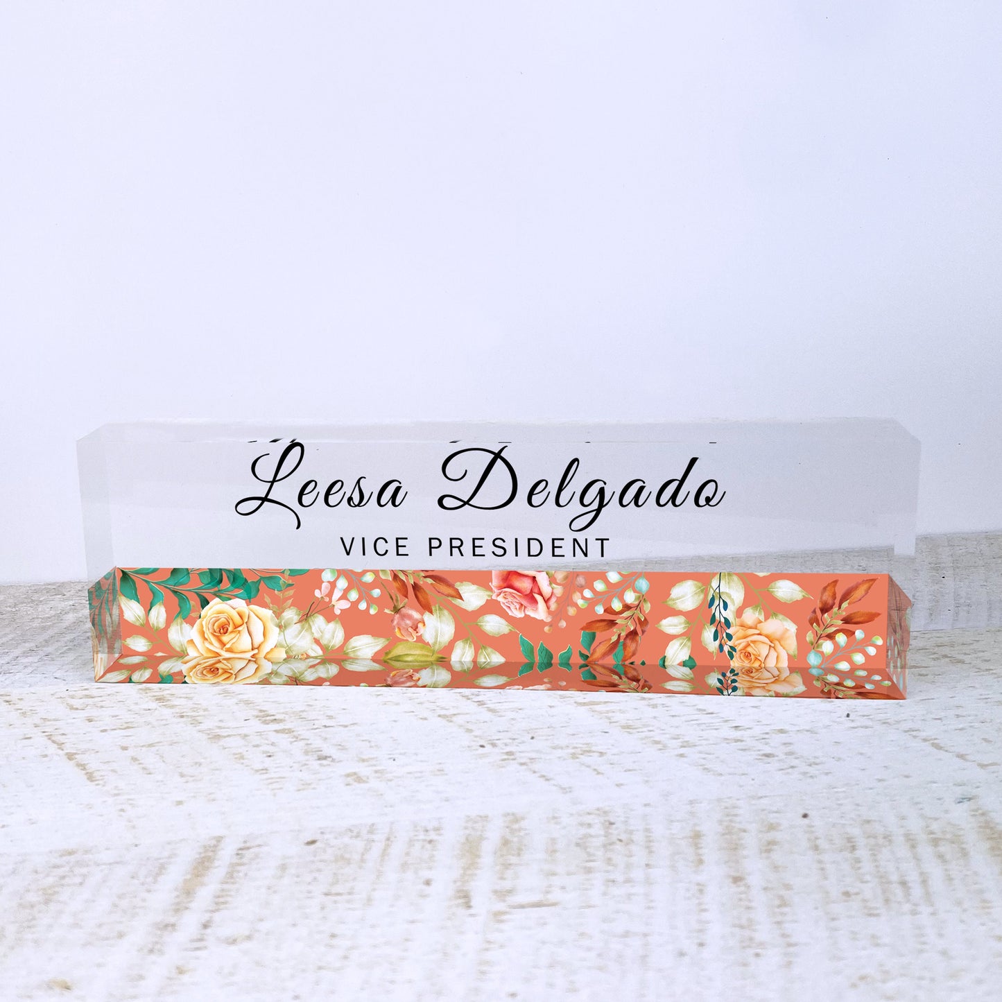 Personalized Desk Name Plate| Flower Stripe Design Office Desk Decor On Clear Acrylic Glass | Custom Nameplate Sign | Personalized Gift