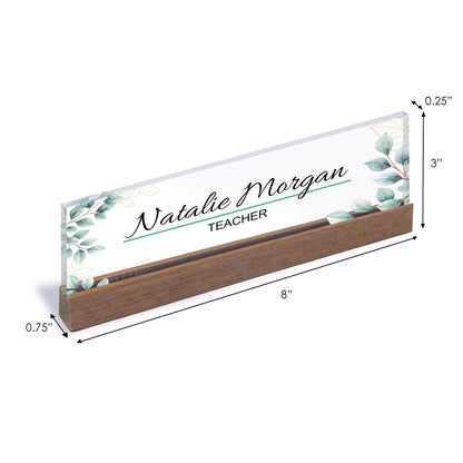 Green Leaves On Clear Acrylic, Green Leaf Desk Name Plate, Office Decor, Custom Name Plate, Personalized Gift, Gift for Her, Graduation Gift