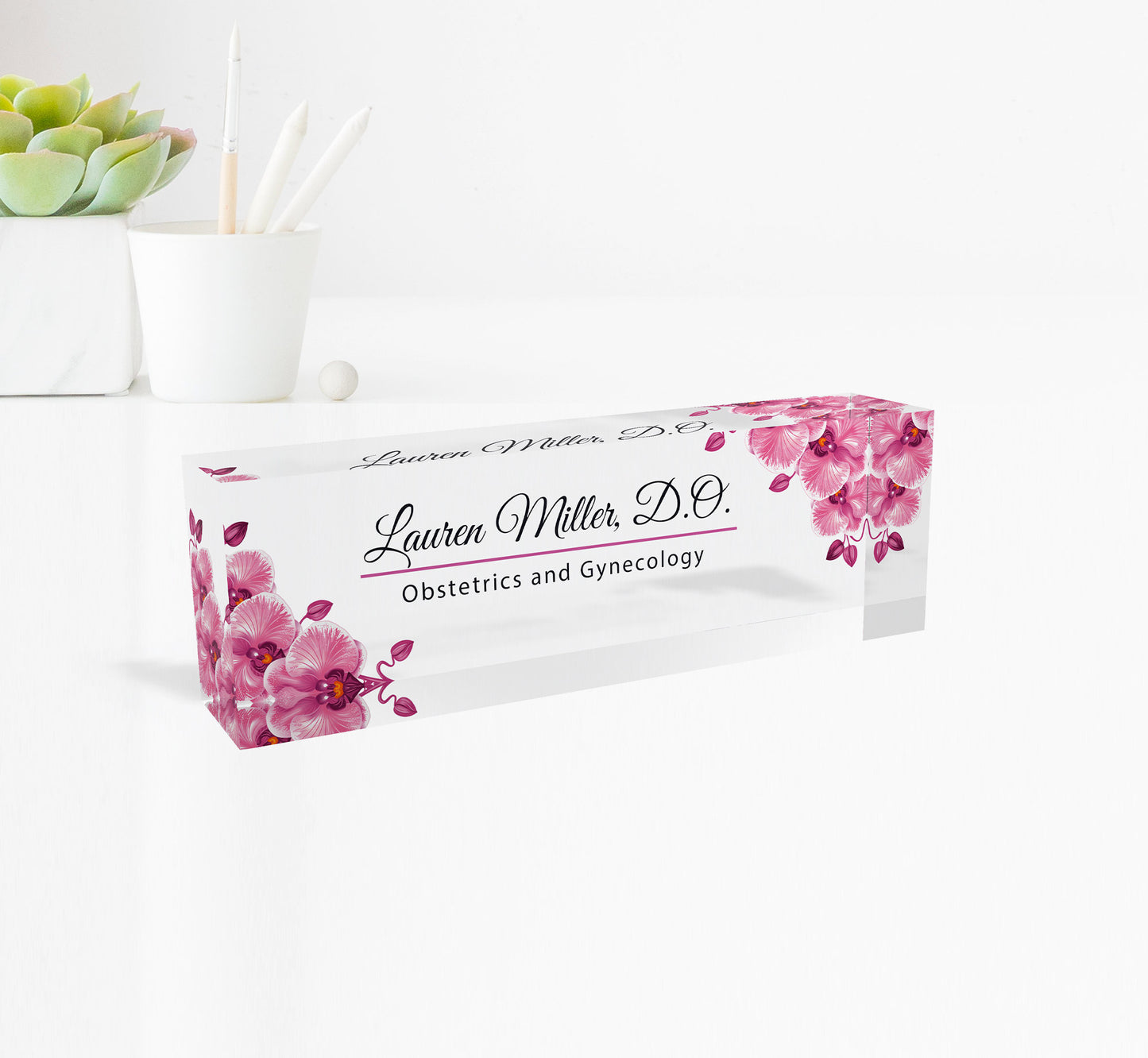 Personalized Name Plate with Wooden Base for Desk | Custom Office Decor Gift for Coworker, Pink Fower Design On Clear Acrylic