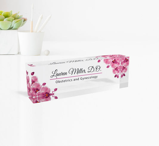 Personalized Name Plate with Wooden Base for Desk | Custom Office Decor Gift for Coworker, Pink Fower Design On Clear Acrylic