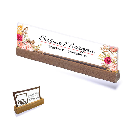 Personalized Name Plate for Desk for Modern Office Business Decor Flowers Wild Design Sign on Clear Acrylic Glass with Wooden Stand
