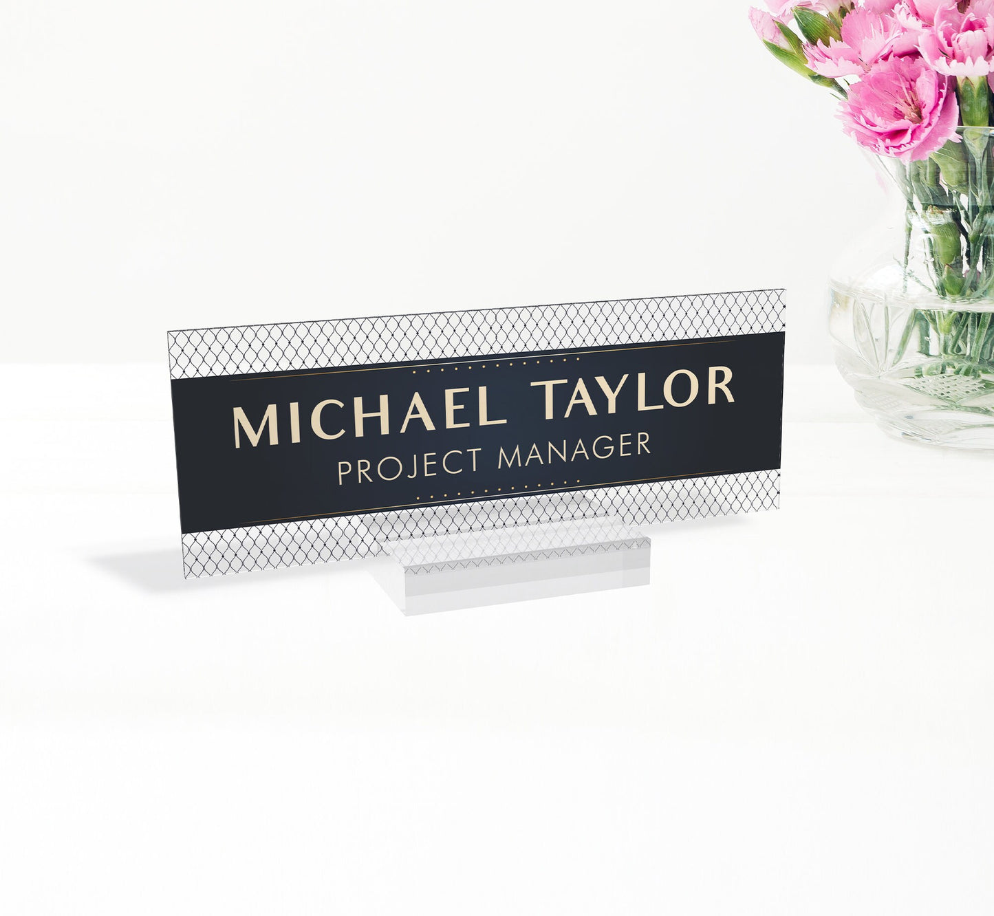 Personalized Name Plate with Wooden Base for Desk | Custom Office Decor Gift for Coworker, Mountains Design On Clear Acrylic, Desk Nameplate