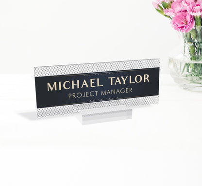 Personalized Name Plate with Wooden Base for Desk | Custom Office Decor Gift for Coworker, Mountains Design On Clear Acrylic, Desk Nameplate