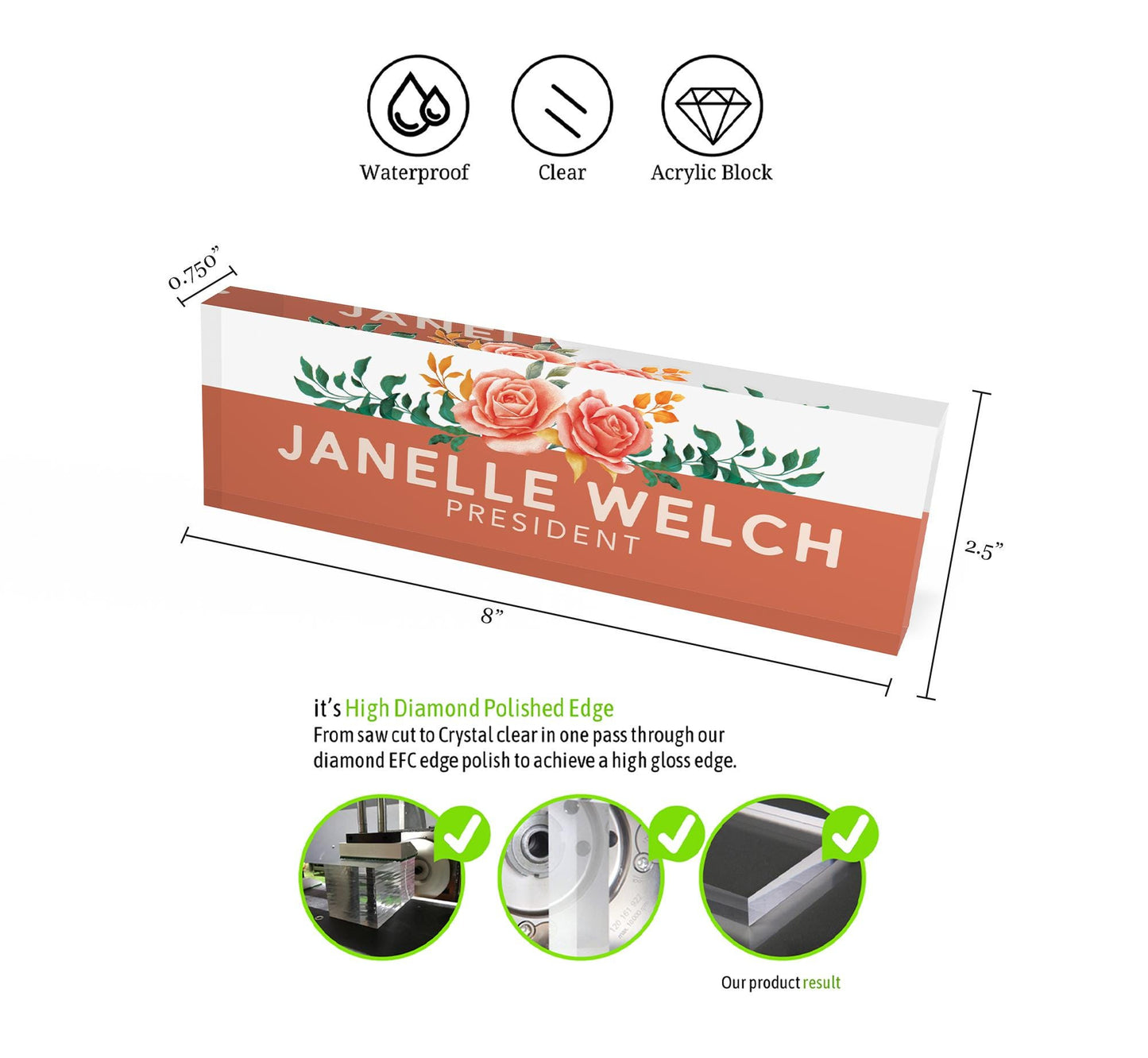 Desk Name Plate, Acrylic Name Plate, custom engraved office sign, personalized desk name plate plaque 0.750" thick