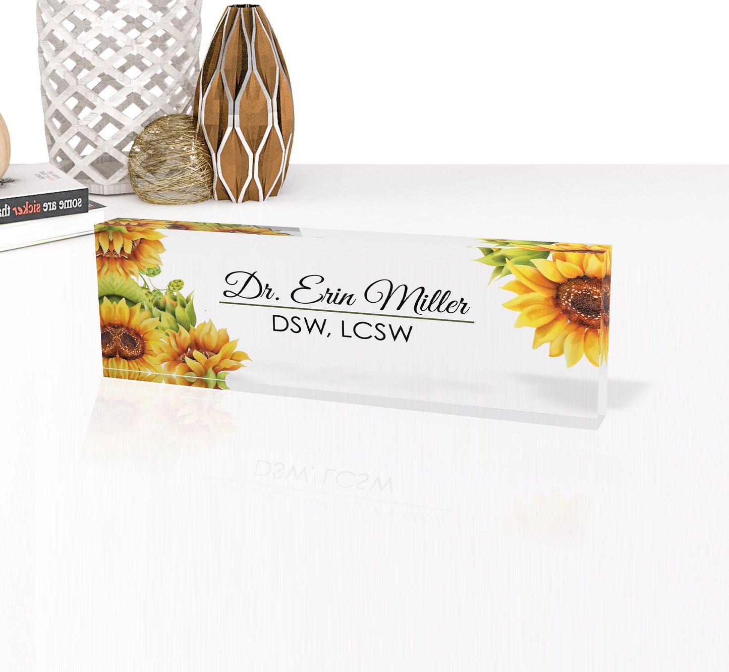 Personalized Name Plate for Desk, Sunflowers Design On Clear Acrylic Glass, Custom Office Decor Nameplate Sign, Personalized Gift