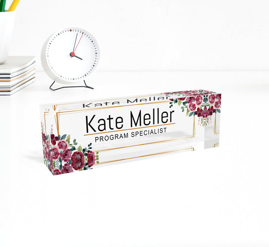 Personalized name plate, office desk gifts, name plate for graduation, glassacrylic, name plaque, nurse gift, gift new office, flower