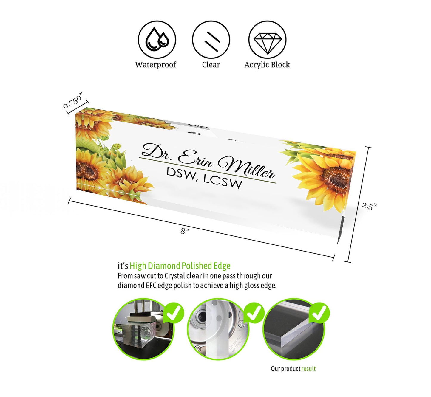 Personalized Name Plate for Desk, Sunflowers Design On Clear Acrylic Glass, Custom Office Decor Nameplate Sign, Personalized Gift