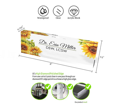 Personalized Name Plate for Desk, Sunflowers Design On Clear Acrylic Glass, Custom Office Decor Nameplate Sign, Personalized Gift
