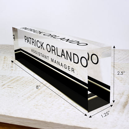 Artblox Personalized Office Name Plate For Desk | Black Stripe Design On Clear Acrylic Glass | Cute Office Desk Accessories Customized Gifts