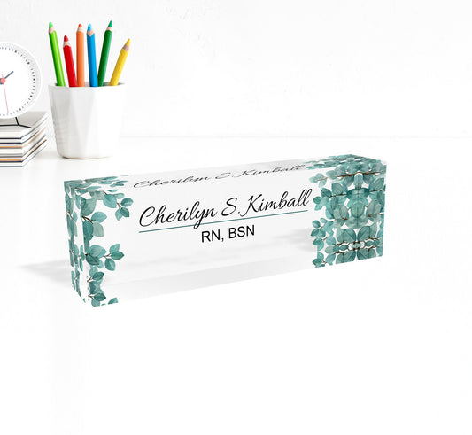 Personalized name plate, office desk gifts, name plate for graduation, acrylic, name plaque, nurse gift, gift new office, flower green
