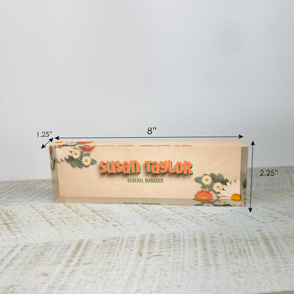 Personalized Name Plate for Desk, Bloom Floral Design On Clear Acrylic Glass, Custom Office Decor Nameplate Sign, Personalized Gift
