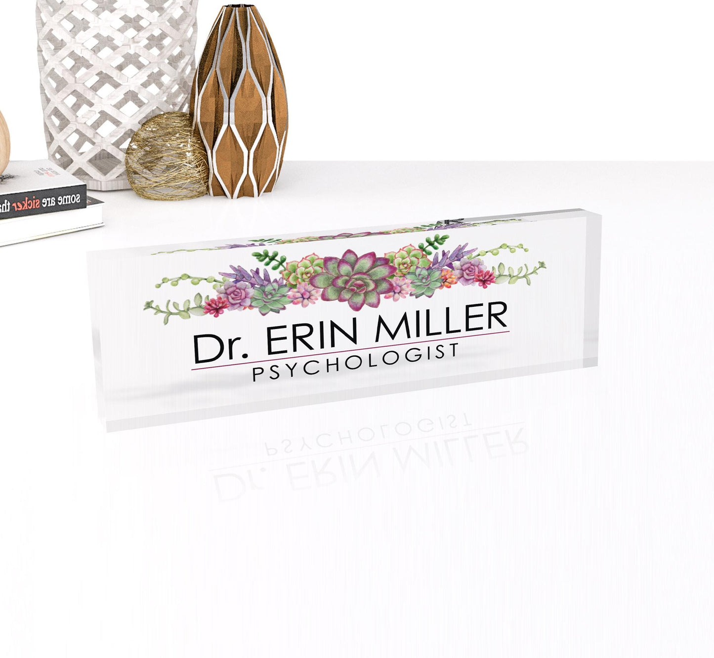 Personalized Name Plate for Desk, Flowers Wild Design On Clear Acrylic Glass, Custom Office Decor Nameplate Sign, Personalized Gift