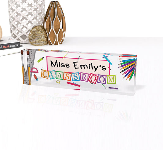 Personalized Name Plate for Desk, Wild School Design On Clear Acrylic Glass, Custom Office Decor Nameplate Sign, Personalized Gift