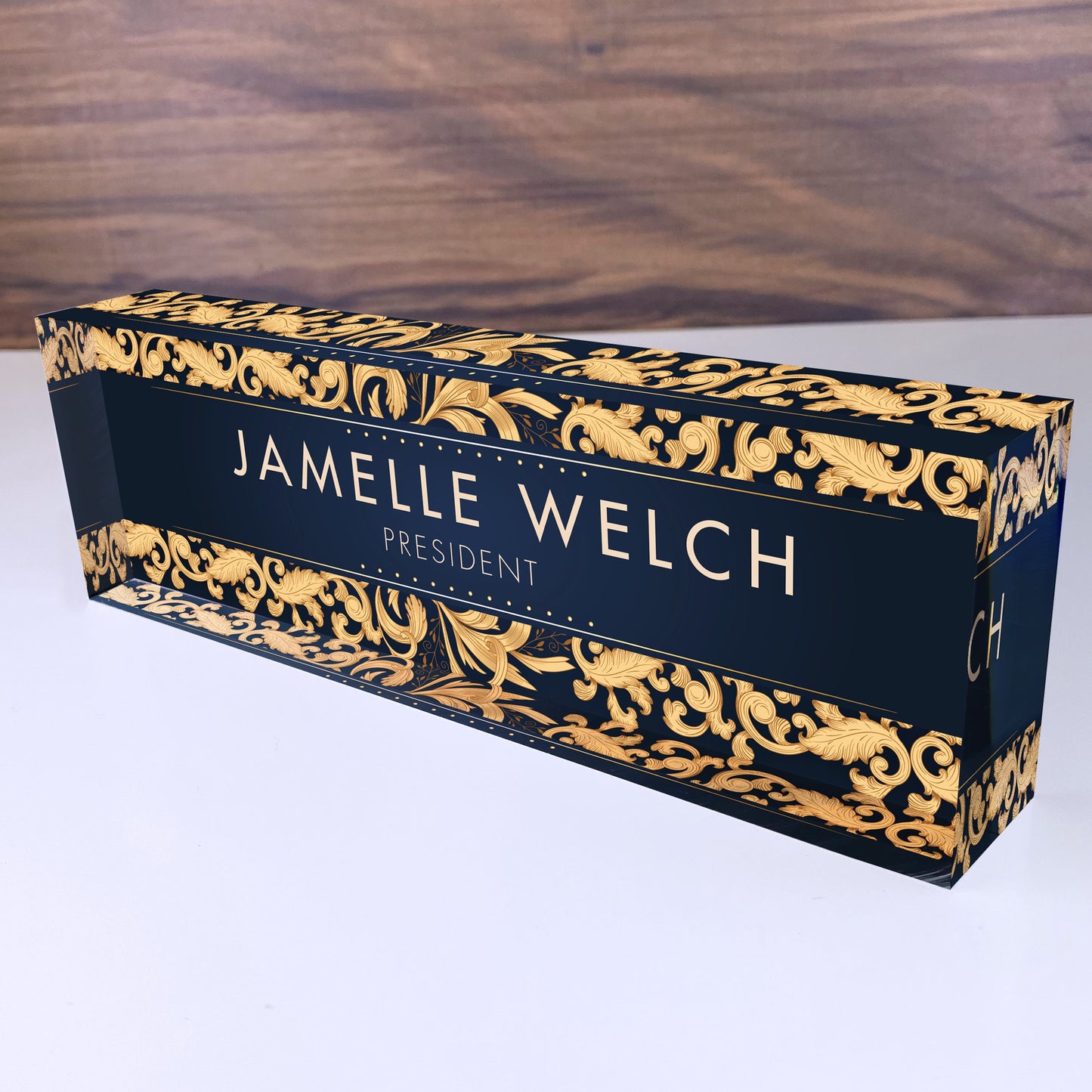 Personalized Name Plate for Desk | Gold Leaf Design On Clear Acrylic Glass | Custom Office Decor Nameplate Sign | Personalized Gift