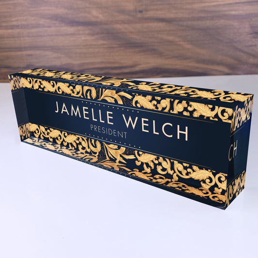 Personalized Name Plate for Desk | Gold Leaf Design On Clear Acrylic Glass | Custom Office Decor Nameplate Sign | Personalized Gift