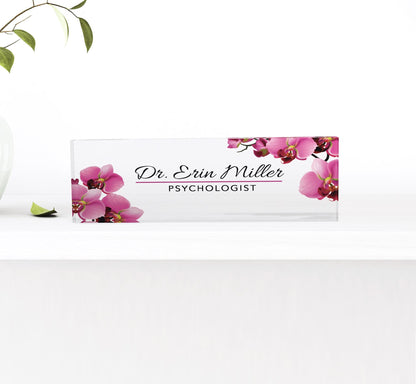Artblox Office Desk Name Plate Personalized | Custom Name Plates for Desks | Flowers Designs On Clear Acrylic Glass | Orchid - 0.750"