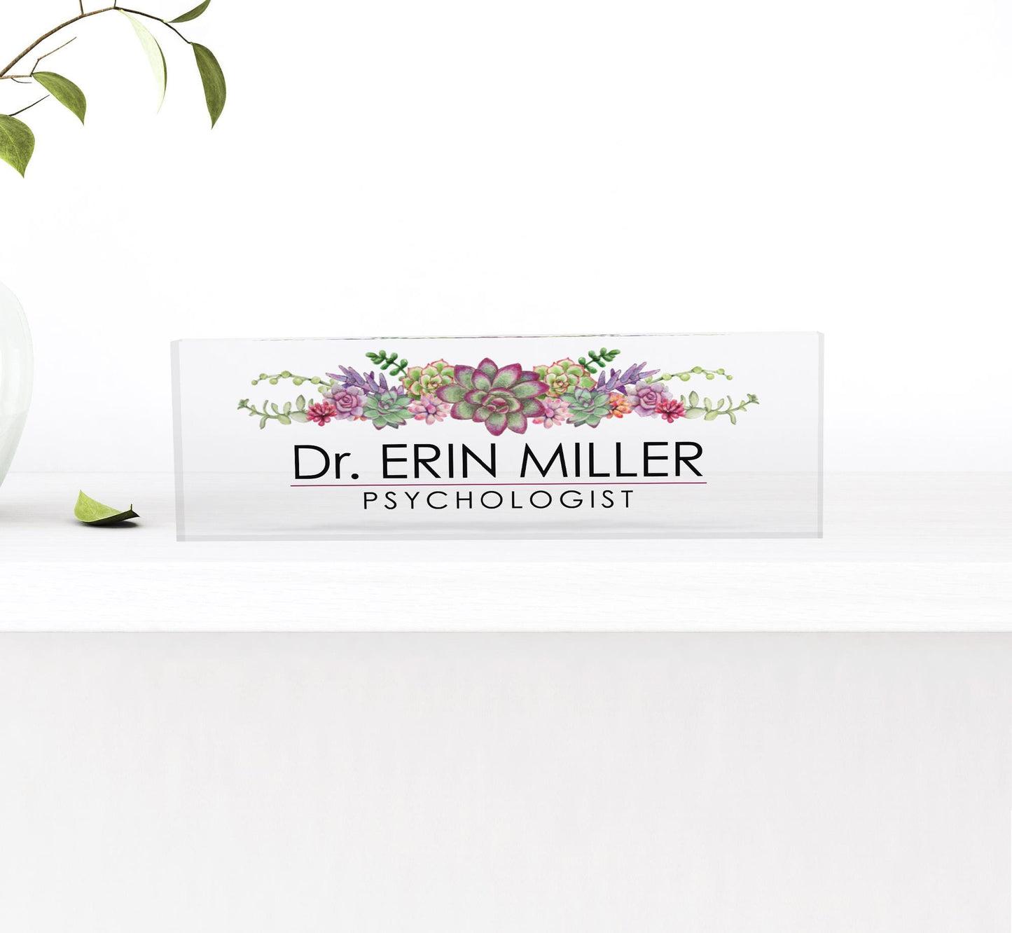 Personalized Name Plate for Desk, Flowers Wild Design On Clear Acrylic Glass, Custom Office Decor Nameplate Sign, Personalized Gift