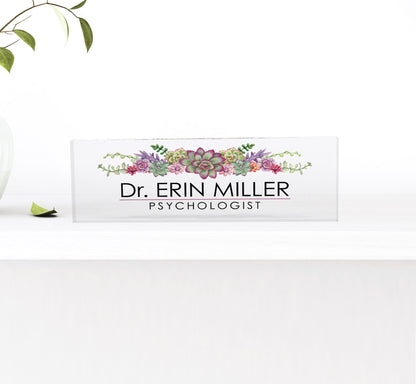 Personalized Name Plate for Desk, Flowers Wild Design On Clear Acrylic Glass, Custom Office Decor Nameplate Sign, Personalized Gift