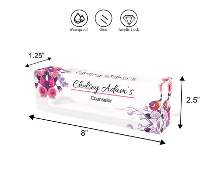 Desk Name Plate for Women, Personalized Desk Name Plate Plaque, Yellow Floral Name Plate for Desk, Clear Acrylic Name Plate
