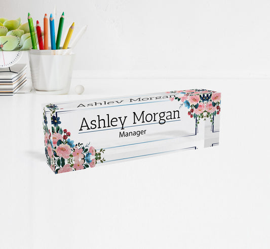 Floral acrylic name block for desk, Womens personalized desk name plate, Nameplate for colleague, Office desk sign, Flower desk plaque