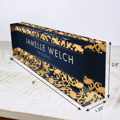 Personalized Name Plate for Desk | Gold Leaf Design On Clear Acrylic Glass | Custom Office Decor Nameplate Sign | Personalized Gift