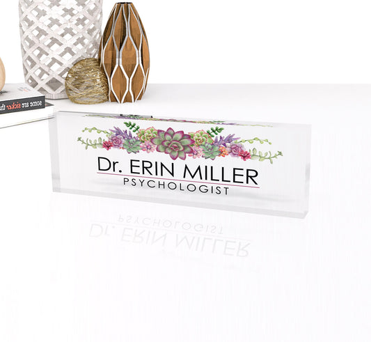 Personalized Name Plate for Desk, Flowers Wild Design On Clear Acrylic Glass, Custom Office Decor Nameplate Sign, Personalized Gift