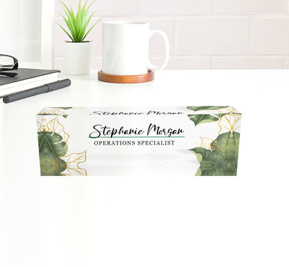 ARTBLOX | Acrylic Name Plaque for Desk, Personalized Name Plate for Desk, Desk Name Plaque, Gift Green Leaf
