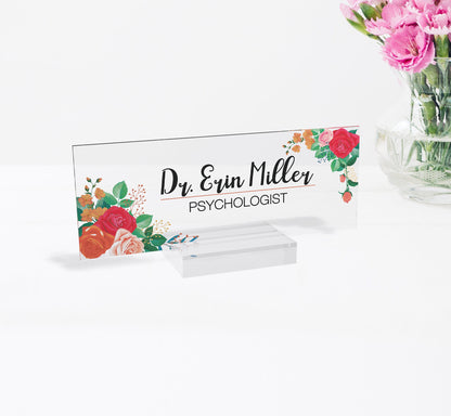 Personalized name plate, office desk gifts, name plate for graduation, glassacrylic, name plaque, nurse gift, gift new office, flower