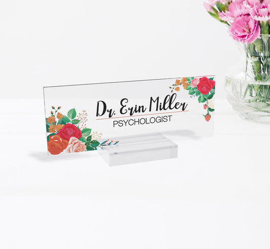Personalized name plate, office desk gifts, name plate for graduation, glassacrylic, name plaque, nurse gift, gift new office, flower