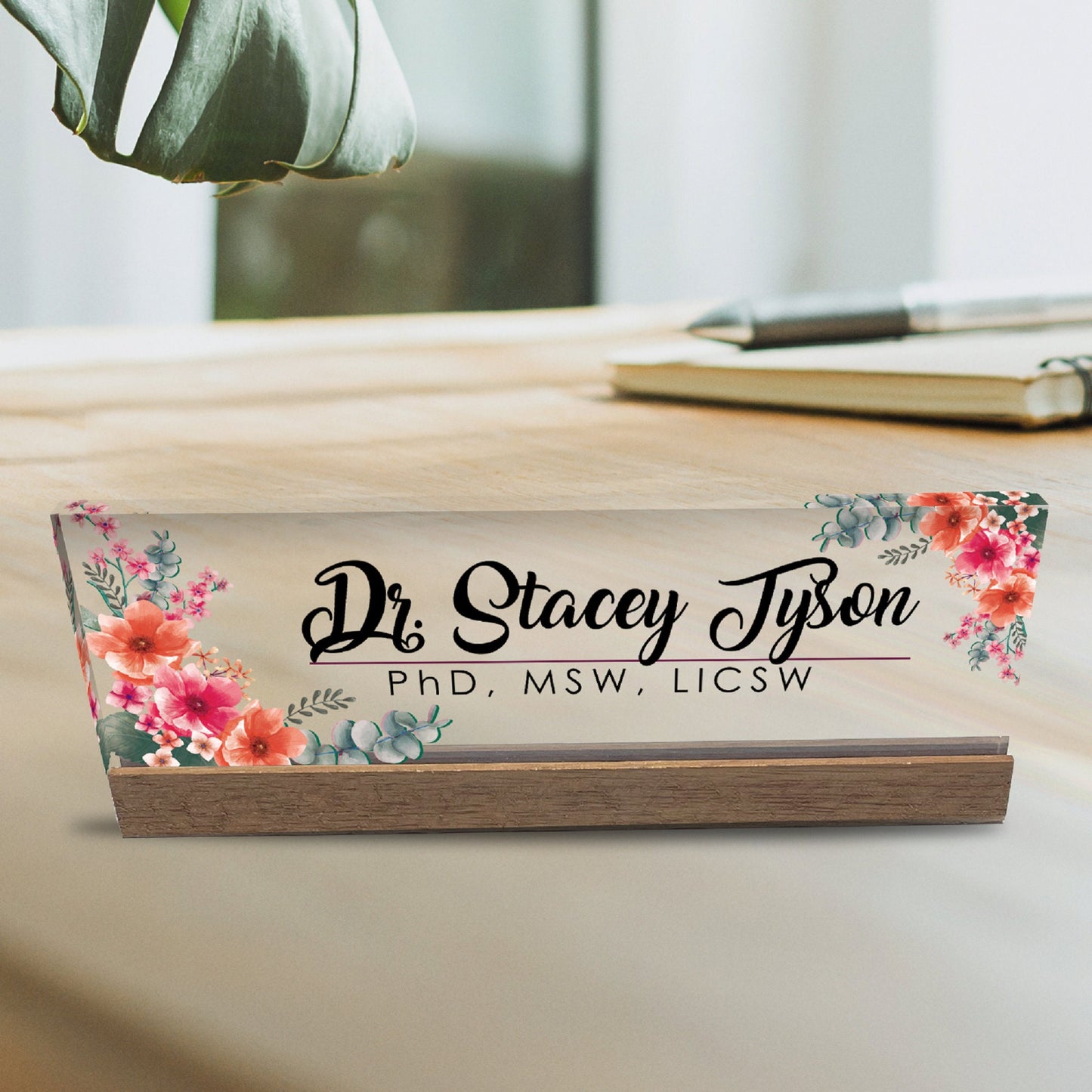 Personalized Office Desk Name Plate + Business Card Holder Customized Clear Acrylic Glass with Teak Wood Stand Mixed Flowers Design