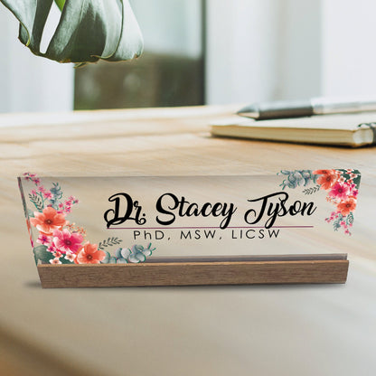 Personalized Office Desk Name Plate + Business Card Holder Customized Clear Acrylic Glass with Teak Wood Stand Mixed Flowers Design
