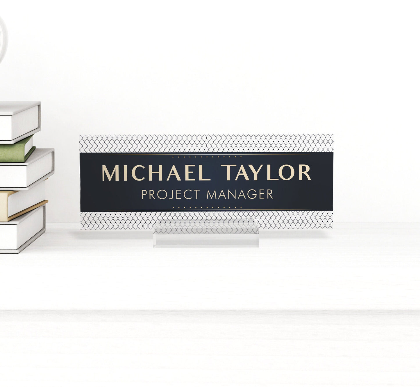 Personalized Name Plate with Wooden Base for Desk | Custom Office Decor Gift for Coworker, Mountains Design On Clear Acrylic, Desk Nameplate