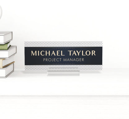 Personalized Name Plate with Wooden Base for Desk | Custom Office Decor Gift for Coworker, Mountains Design On Clear Acrylic, Desk Nameplate