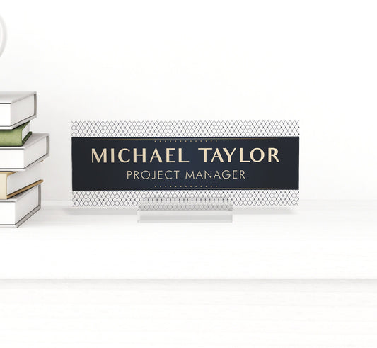 Personalized Name Plate with Wooden Base for Desk | Custom Office Decor Gift for Coworker, Mountains Design On Clear Acrylic, Desk Nameplate