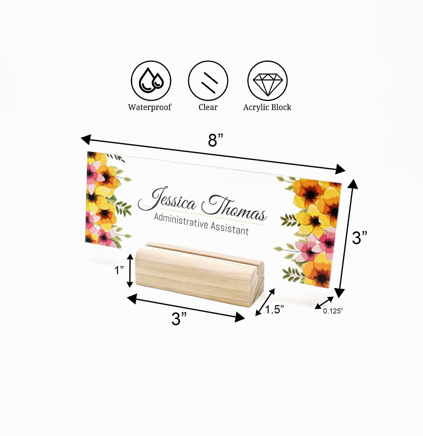 Artblox Office Desk Name Plate Personalized | Custom Name Plates for Desks | Flowers Designs On Clear Acrylic Glass | Office Desk Decor