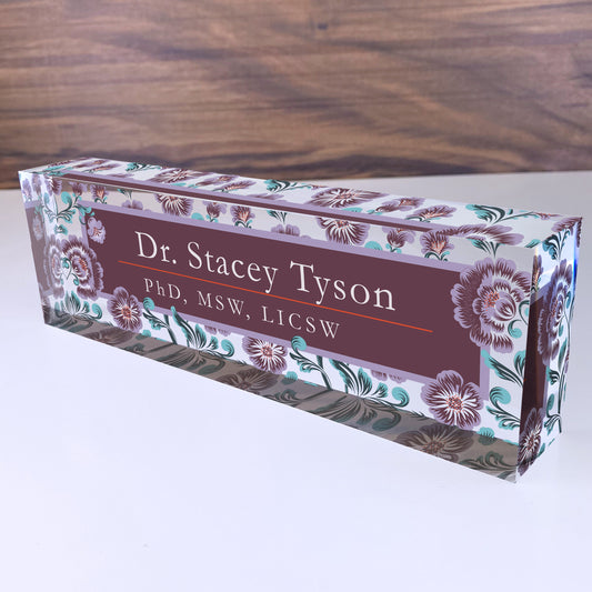 Personalized Desk Name Plate| Vintage Flowers Design Office Desk Decor On Clear Acrylic Glass | Custom Nameplate Sign | Personalized Gift