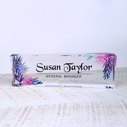 Personalized Name Plate for Desk | Leaf Purple Design On Clear Acrylic Glass | Custom Office Decor Nameplate Sign | Personalized Gift