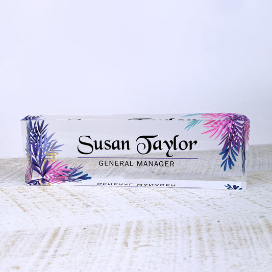 Personalized Name Plate for Desk | Leaf Purple Design On Clear Acrylic Glass | Custom Office Decor Nameplate Sign | Personalized Gift