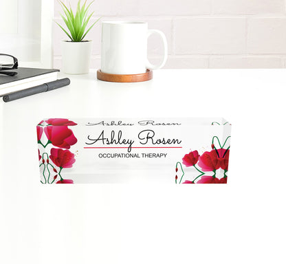 Personalized name plate, office desk gifts, name plate for graduation, glass acrylic, name plaque, nurse gift, gift new office, flower red