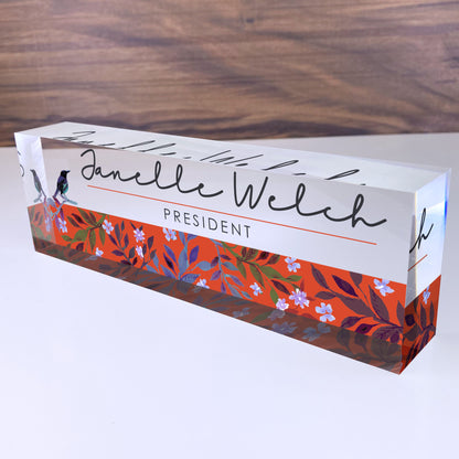 Personalized Name Plate for Desk | Bird Singing Design On Clear Acrylic Glass | Custom Office Decor Nameplate Sign | Personalized Gift