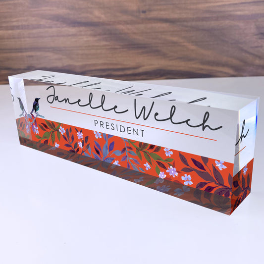 Personalized Name Plate for Desk | Bird Singing Design On Clear Acrylic Glass | Custom Office Decor Nameplate Sign | Personalized Gift