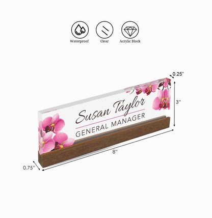 Personalized Name Plate for Desk | Leaf Purple Design On Clear Acrylic Glass | Custom Office Decor Nameplate Sign | Personalized Gift
