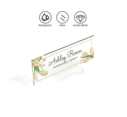 Personalized name plate for desk | tulip flower design on clear acrylic glass | custom office nameplate sign | personalized gift - ARTBLOX