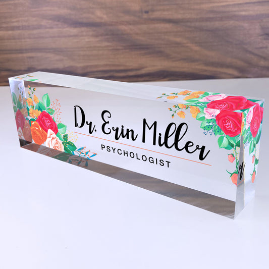 Personalized Name Plate for Desk | Mixed Flowers Design On Clear Acrylic Glass | Custom Office Decor Nameplate Sign | Personalized Gift