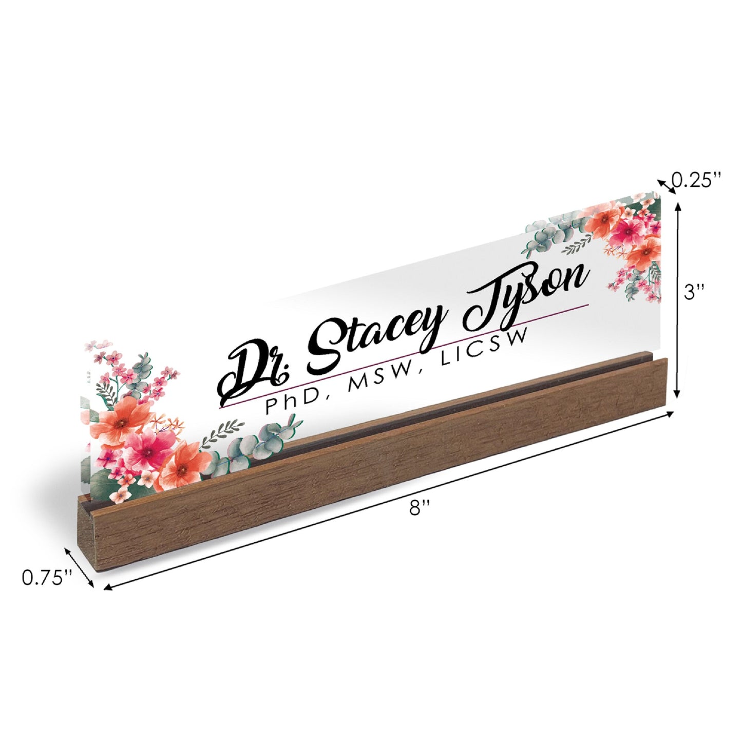 Personalized Office Desk Name Plate + Business Card Holder Customized Clear Acrylic Glass with Teak Wood Stand Mixed Flowers Design