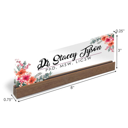 Personalized Office Desk Name Plate + Business Card Holder Customized Clear Acrylic Glass with Teak Wood Stand Mixed Flowers Design