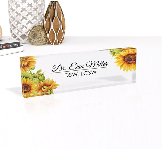 Personalized Name Plate for Desk, Sunflowers Design On Clear Acrylic Glass, Custom Office Decor Nameplate Sign, Personalized Gift