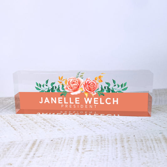 Personalized Name Plate for Desk | Orange Roses Design On Clear Acrylic Glass | Custom Office Decor Nameplate Sign | Personalized Gift