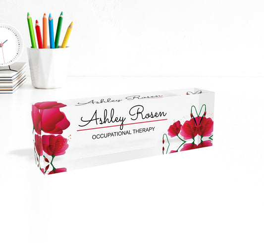 Personalized name plate, office desk gifts, name plate for graduation, glass acrylic, name plaque, nurse gift, gift new office, flower red