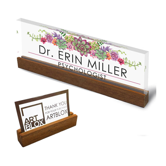 Personalized Office Desk Name Plate + Business Card Holder Customized Clear Acrylic Glass with Teak Wood Stand Succulent Flowers Design